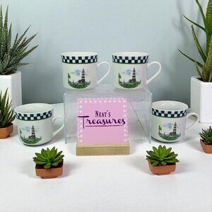 Alco LIGHTHOUSE  Black White Checks Rim Stoneware Coastal Cups Mugs Set of 4